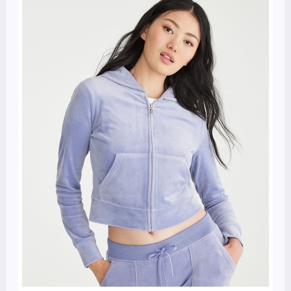 Rare Periwinkle Cropped Velour Hoodie XSMALL